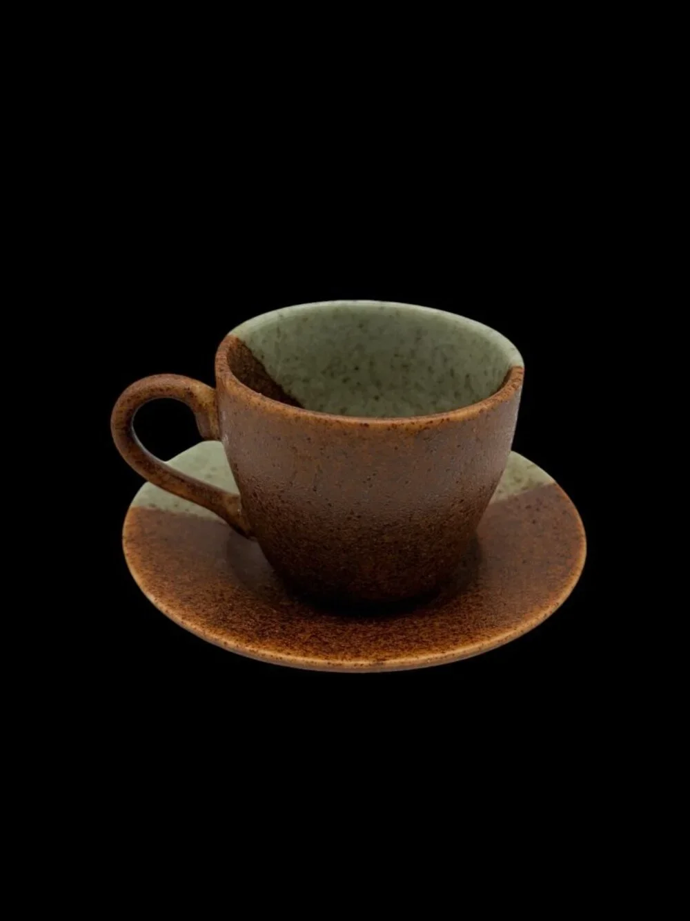 Studio Pottery Espresso Cup & Saucer Brown Sage Drip Glaze